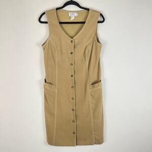 Vintage 90’s tan button up dress with pockets back buckle like design size 6-8